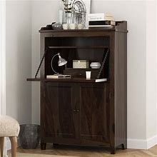 Contemporary Real Solid Wood Home Office Narrow Secretary Desk With Door Cabinet