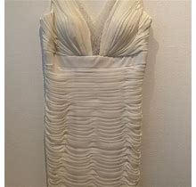 La Femme Dresses | Sheer White/ Cream Ruched Beaded V Plunge Cocktail Dress | Color: White | Size: 10