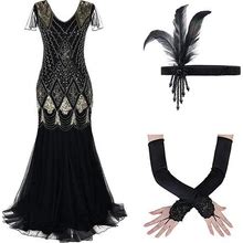 Women's 1920S Flapper Dress Vintage Great Gatsby Party Sequin Maxi Evening Cocktail Dresses With 20S Accessories Set