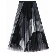 Fabiurt Fall Dress Women Geometric Patchwork Print Mesh Skirt Mid-Calf Length High Waist A-Line Skirt Dress For Women,Black
