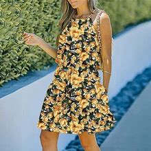 Tagold Summer Dresses For Women 2022, Women Summer Rounk Neck Casual Sleeveless Printing Flowy Boho Beach Mini Dress Yellow XL