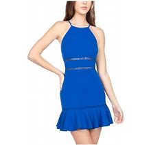 B Darlin Womens Blue Stretch Zippered Ruffled Lace Trim At Waist Sleeveless Halter Mini Evening Sheath Dress Juniors 0