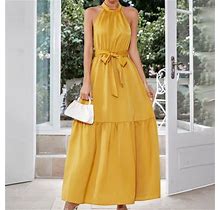 Women Dresses Sleeveless Bodycon Dress Wrap Slim Fit Party Evening Dresses Long Dress Women's Casual Dress Yellow L