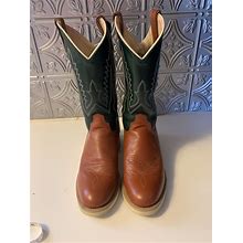 OLD WEST Brown Green Leather Cowboy Cowgirl Boots Youth Size 5.5 Style 1601