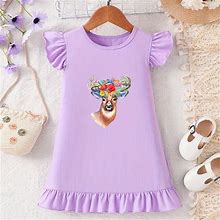 Baby Girls Summer New Fashion Casual Dress, Cartoon Deer With Flower Print Flying Sleeve Crew Neck Princess Dress, Girls Dress,Purple,Hot Item,Temu