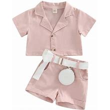 Canrulo Summer Kids Girl Clothes Formal Short Sleeve Lapel Collar Button-Down Top+Shorts+Belt With PU Bag Sets Pink 9-12 Months