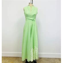 Vintage 1970S Swiss Dot Maxi Dress | Green Empire Waist Long Dress With Embroidered Sash | Size 12