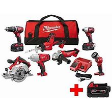 Milwaukee M18 18-Volt Lithium-Ion Cordless Combo Kit (7-Tool) W/ (1) 5.0Ah, (2) 3.0Ah Batteries, 1 Charger, 1 Tool Bag