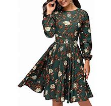 Simple Flavor Women's Floral Vintage Cocktail Swing Dress Ruffle Sleeve(Green,M)