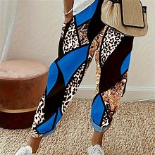 Leopard Print Color Block Pants, Trousers, Casual Pants With Pockets For Spring & Summer, Women's Clothing,Light Blue,Handpicked,Temu