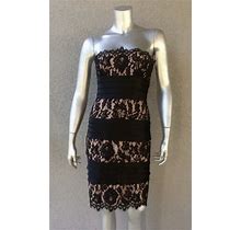 Bcbg Max Azria Sheer Silk Black Striped Lace Overlay Strapless Dress