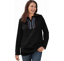 Plus Size Women's Embroidered Thermal Henley Tee By Woman Within In Black Vine Embroidery (Size 6X) Long Underwear Top