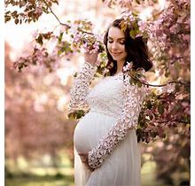 Women's Long Sleeve White Maternity Portrait Dress