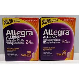 2 Allegra Allergy 24 Hr Relief Non-Drowsy 180Mg, 90 Tablets Each. Exp: