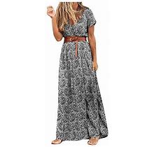 Womens Dresses Women's V-Neck New Bohemian Style Waist Printed Long Skirt Dress Womens Fall Dresses Polyester