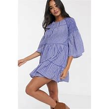 Free People Lola Embroidered Mini Striped Dress Chambray Bell Sleeve