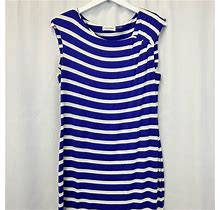 Calvin Klein Womens Shift Dress Blue White Stripe Asymmetric Neck Sleeveless S