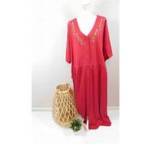 Vintage 80S Red Green Floral Flower Print Embroidered Snap Button Up V Neck Short Sleeve Maxi Babydoll Dress Sz 5X Plus Size