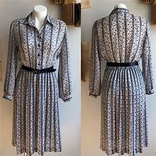 Vintage Dresses | Vintage Floral Print Pleated Belted Dress | Color: Blue/Cream | Size: M