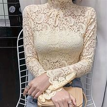 Solid Color Contrast Lace Blouse, Women's Mock Neck Blouse Casual Spring Fall Women's Clothing Long Sleeve Blouse,Apricot,Popular,By Temu