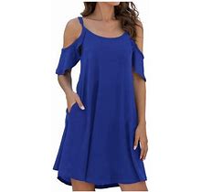 Wendunide 2024 Clearance Sales, Dresses For Women 2024 Women's Summer Casual Dress Cold Shoudler Ruffle Sleeves Dresses With Pocket Blue