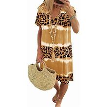 Springttc Women's Knee Length V-Neck Short Sleeve Loose Leopard Print Dress