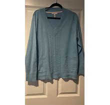 Isaac Mizrahi Live Womens Blue Pullover V Neck Sweater With Novelty Trim Size L