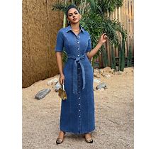 Women's Blue Single Breasted Tie-Waist Short Sleeve Denim Dress,S