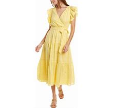Maggy London Women's Ruffle Sleeve Surplice Tiered Midi Dress Yellow Size 0, NWT