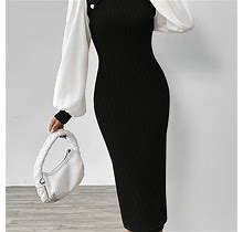 Ribbed Knit Button Decor Sheath Dress, Elegant Mock Neck Lantern Sleeve Midi Length Dress, Women's Clothing,Black,Editor Pick,Temu