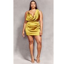 Prettylittlething Plus Chartreuse Satin Extreme Cowl Bodycon Dress - Chartreuse - Size: 26