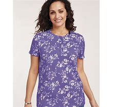 Blair Women's Print Short Sleeve Pointelle Henley Top - Purple - L - Misses
