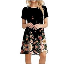 Ussuma Dresses For Women Party Casual,Women's Short-Sleeve Scoop Neck Swing Dress Casual Floral Printed Simple T-Shirt Dresses 2022 Summer Tunic Sun D