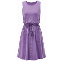 Womens Summer Dresses Solid Color Crewneck Sleeveless Button Loose Dress With Pocket Ladies Sleeveless Beach Dresses
