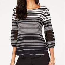 Alfani $69 Womens Black White Gray Striped Illusion 3/4 Sleeve Top L B+B