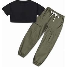 SANGTREE Girls' 2 Piece Outfits T-Shirt And Drawstring Cargo Jogger Pants Clothing Set, 4-14 Years