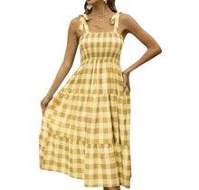 Women's Boho Summer Dress Plaid Print Tie Straps Sleeveless Square Neck Smocked Flowy Ruffle A Line Maxi Dress
