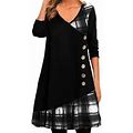 Wendunide 2024 Clearance Sales, Dresses For Women 2024 Womens Long Sleeve V Neck Patchwork Dress Decorated Button Plaid Print Dress Black