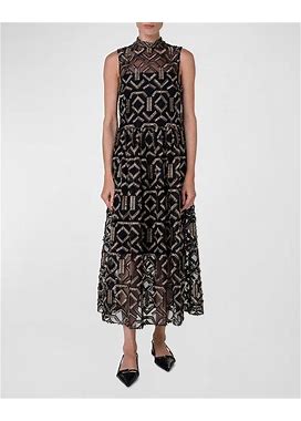 Akris Punto Gold Fringe Embroidered Tulle Midi Dress, Women's, 14, Cocktail & Party Wedding Guest Dresses Midi Dresses