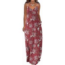 Finelylove Flowy Summer Dress For Women Cocktail Dresses For Woman V-Neck Printed Sleeveless Maxi Wine