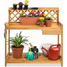 Garden Potting Bench, Wooden Outdoor Workstation Table W/ Cabinet Drawer, Open Shelf - Natural - Best Choice Products Online