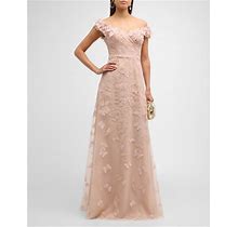 Rickie Freeman For Teri Jon Off-Shoulder Floral-Embroidered Tulle Gown, Pinknude, Women's, 4, Off-The-Shoulder Gowns