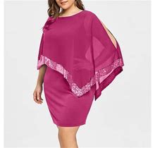 Kscykkkd Dresses For Women Women Plus Size Cold Shoulder Overlay Asymmetric Chiffon Strapless Sequins Dress Pink 4XL