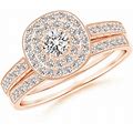 Beaded Cushion Framed Diamond Double Halo Bridal Ring Set In 14K Rose Gold | I i1 Grade 0.175 Carat Prong Set Round Diamond (3.6Mm)