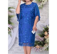 Women's Plus Size Lace Dress Party Dress Cocktail Dress Lace Embroidered Crew Neck 3/4 Length Sleeve Leaf Midi Dress Birthday Vacation Blue Summer Spr