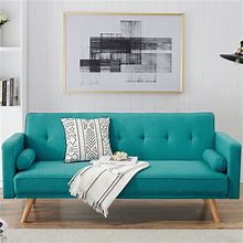 Variable Living Room Sofa Bed Folding Sofa With Adjustable Tufted Back And Round Wooded Legs, Retro Blue