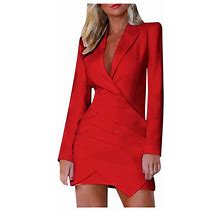 Wtxue Long Sleeve Dress, Women Casual Elegant Dress Solid Color Long Sleeve Button Up Work Office Party Pencil Midi Suit Dresses, Red Dresses For Wome