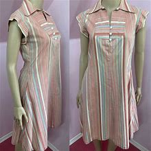Vintage 70S Striped A-Line Dress With Pockets. Brown, White & Aqua And Green Striped Dress. Capped Sleeve Dress XS/S