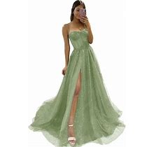 Wchecalino Glitter Tulle Prom Dresses Long 2024 Spaghetti Straps Sweetheart 3D Flowers Evening Party Gowns With Slit