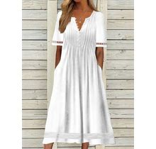 V Neck Plain Short Sleeve Buckle Hollow Out Lace Casual Dress White/L